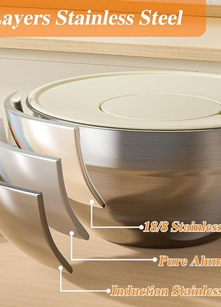 Mixing Bowls with Lids Set, 6 PCS Stainless Steel Mixing Bowls with 3 Grater Attachments, Kitchen Food Storage Organizers Nesting Mixing Bowl, Large Size 4.5, 3.5, 2.1, 1.5, 1.1, 0.7QT