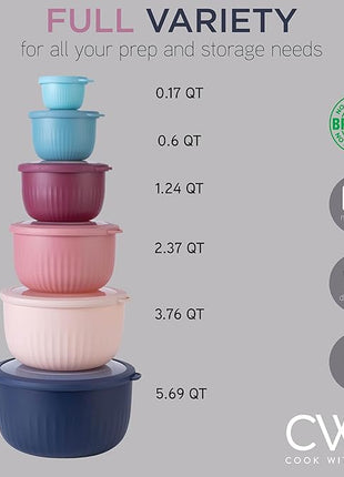 COOK WITH COLOR Prep Bowls with Lids- Wide and Deep Nesting Plastic Small Mixing Bowl Set with Lids, 12 Piece Set - Deep Bowls, Navy