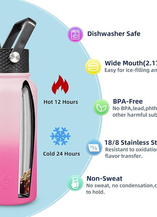 BJPKPK Insulated Water Bottles with Straw Lid, 27oz Stainless Steel Water Bottle with 3 Lids, Leak Proof BPA Free Metal Thermo, Mugs, Tumblers, Keep Cold Hot -Cherry