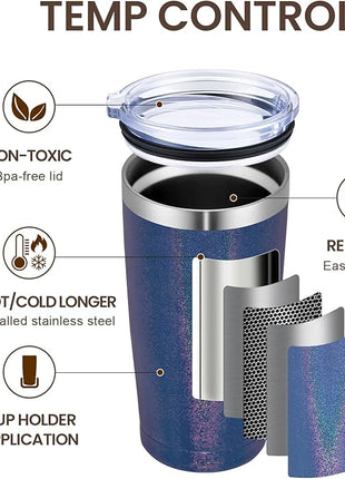 MEWAY 20oz Tumbler 12 Pack Double Wall Vacuum Insulated Travel Glitter Mug Bulk, Stainless Steel Tumblers with Lid and Straw, Powder Coated Coffee Cups for Woman(Rainbow Navy,Set of 12)