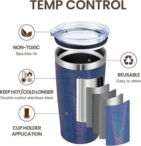 MEWAY 20oz Tumbler 12 Pack Double Wall Vacuum Insulated Travel Glitter Mug Bulk, Stainless Steel Tumblers with Lid and Straw, Powder Coated Coffee Cups for Woman(Rainbow Navy,Set of 12)