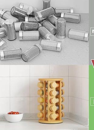 New England Stories Revolving Spice Rack Set with 20 Spice Jars, Kitchen Spice Tower Organizer for Countertop or Cabinet - Carousel Storage Includes 386 Spice Labels (Bamboo)