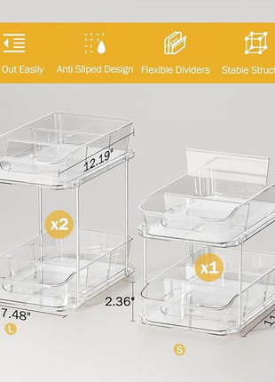 Delamu 2-Tier Under Sink Organizers and Storage, Multi-Purpose Stackable Bathroom Cabinet Organizers, Pull Out Kitchen Pantry Organization and Storage with Dividers(3 Pack, Clear)