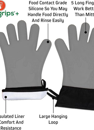Ekogrips+ Premium Silicone Oven Mitts - Comfy, Waterproof, Heat Resistant BBQ Gloves for Grilling, Long Cuff for Added Protection, 5 Finger Dexterity, 3 Sizes, 4 Colors, L/XL, Grey