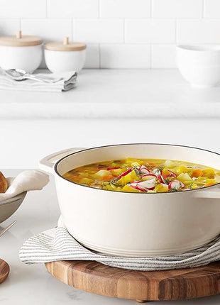 Amazon Basics Cast Iron Dutch Oven Pot with Lid, Enameled, Round, Dual Handles, Heavy-Duty, Medium, 6-Quart, White