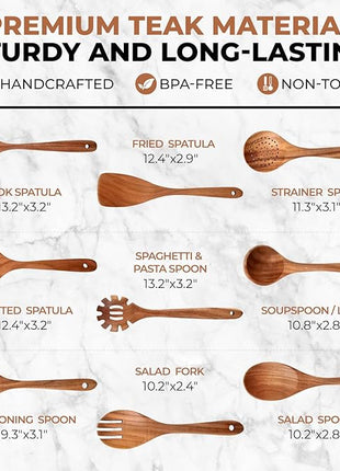 SPATUAMZ Wooden Spoons for Cooking, Wooden Kitchen Utensils Set, Natural Teak Cooking Spatula Set of 9 for Nonstick Pans and Cookware