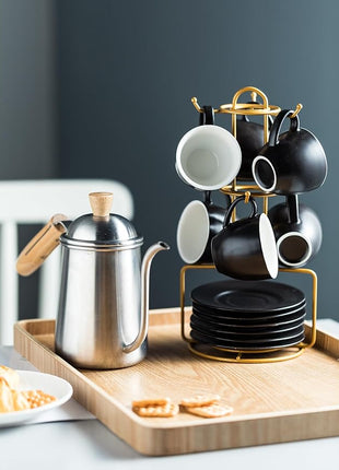 YHOSSEUN 3 Ounces Espresso Cups with Saucers Set, Porcelain Latte Cups and Metal Stand Demitasse Cups for Espresso, Latte, Cafe Mocha, Cappuccino and Tea, Set of 6, Black