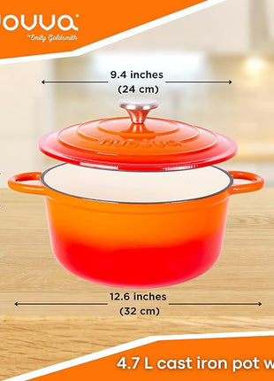Cast Iron Pot with Lid – Non-Stick Ovenproof Enamelled Casserole Pot, Oven Safe up to 500° F – Sturdy Dutch Oven Cookware – Orange, 5-Quart, 24cm – by Nuovva