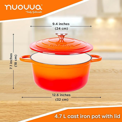Cast Iron Pot with Lid – Non-Stick Ovenproof Enamelled Casserole Pot, Oven Safe up to 500° F – Sturdy Dutch Oven Cookware – Orange, 5-Quart, 24cm – by Nuovva