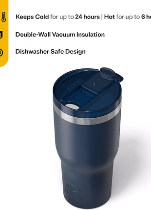 RTIC 30oz Essential Tumbler with Lid, Ceramic Lined, Insulated, Stainless Steel, Metal, Double Wall Vacuum-Insulation, Travel Cup for Iced Coffee, Tea, Hot and Cold Drink, Navy