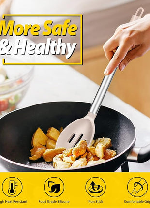 Pack of 2 Large Silicone Cooking Spoons,Non Stick Solid Basting Spoon,Heat-Resistant Kitchen Utensils for Mixing,Serving,Draining,Stirring (STAINLESS STEEL KHAKI)