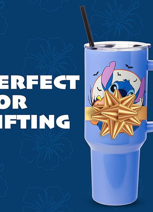 Silver Buffalo Disney Lilo and Stitch Halloween Spooky Pumpkin Jack-O-Lantern Stainless Steel Tumbler with Handle and Straw, Fits in Standard Cup Holder, 40 Ounces