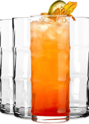 Libbey Tiki Bamboo Highball Drinking Glasses,Iconic 16 Oz Tall Cocktail Glasses Set of 4,Modern Highball Cocktail Glasses