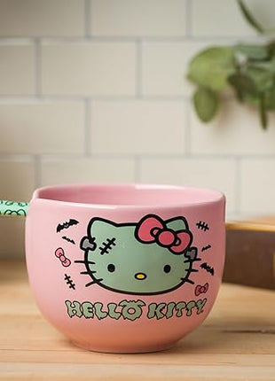 Silver Buffalo Sanrio Hello Kitty Halloween Spooky Frankenstein Ceramic Ramen Bowl with Chopsticks, Microwave Safe, 20 Ounces