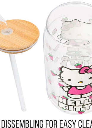 Silver Buffalo Sanrio Hello Kitty Strawberry Glass Jar Tumbler with Bamboo Lid and Glass Straw, 16 Ounces (Pack of 12)
