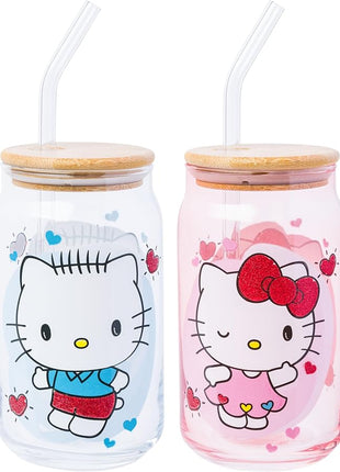Silver Buffalo Sanrio Hello Kitty and Friends Featuring Dear Daniel 2 Pack Glass Jar Tumbler with Bamboo Lid and Glass Straw, 16 Ounces
