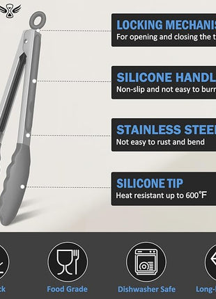 Kitchen Tongs, Set of 3 Stainless Steel Tongs with Silicone Tips Locking Cooking Tongs 600ºF Heat Resistant Tong for Cooking BBQ Grilling Air Fryer Serving Food Salads, 7"+9"+12" Light Grey