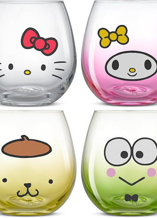 JoyJolt Sanrio Hello Kitty & Friends Hello Sippy Drinking Glasses, 15 oz Stemless Glass Cups Set of 4 ft Hello Kitty Keroppi My Melody Pompompurin, Cute Glasses for Water, Juice, Kawaii Tumbler