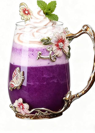 Handicraft Crystal Glass 3D Flower Cups Tea Mug With Tea Spoon Women Coffee, Tea, Juice, Beer, Milk Hot And Cold Drinks Use Gift Package. (Red-Tal)