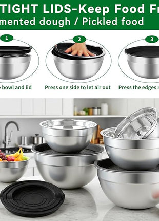 Mixing Bowls Set, 27PCS Stainless Steel Mixing Bowl with Lid Set, Large Nesting Bowls 7, 4.5, 3, 2.5, 2, 1.5QT, Measuring Cups and Spoons Baking Utensils Metal Bowl for Kitchen Prep