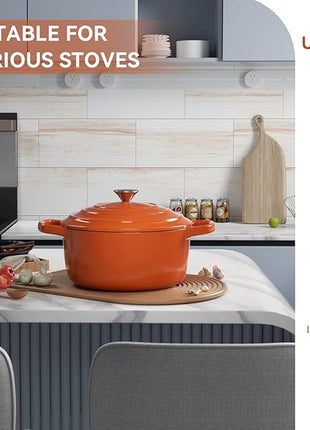 Miereirl 6 Quart Enameled Dutch Oven Pot with Lid, Cast Iron Dutch Oven with Dual Handles for Bread Baking, Cooking, Non-stick Enamel Coated Cookware (Orange)