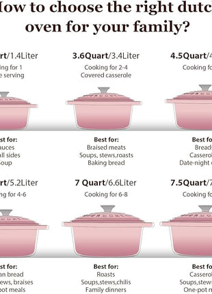 Overmont Enameled Cast Iron Dutch Oven - 5.5QT Pot with Lid Cookbook & Cotton Potholders - Heavy-Duty Cookware for Braising, Stews, Roasting, Bread Baking pink