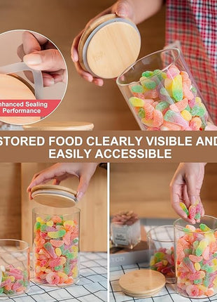 YUNCANG Glass Food Storage Jars 50oz [Set of 6],Clear Glass Food Storage Containers with Airtight Bamboo Lid Stackable Kitchen Canisters for Candy,Cookie,Rice,Sugar,Flour,Pasta