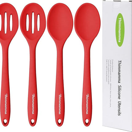 Silicone Spoons for Cooking, Heat Resistant Slotted Solid Silicone Kitchen Spoons Set, Red BPA Free Mixing Spoons Basting Spoon Stirring Spoon for Nonstick Cookware, 4 Pack