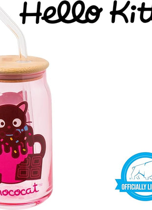Silver Buffalo Sanrio Hello Kitty & Friends Chococat Chocolate Pink Glass Jar Tumbler with Bamboo Lid and Glass Straw, 16 Ounces