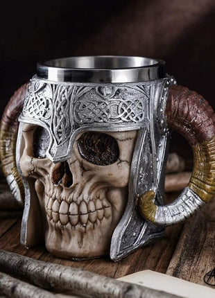 Stainless Steel Viking Skull Mug+Coaster,Double Handle Horn Skull Beer Mug Tankard, Medieval Drinkware Mug for Coffee/Beverage/Juice17oz.