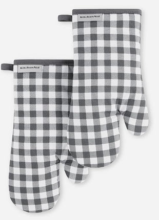 KitchenAid Gingham Oven Mitt 2-Pack Set, Charcoal Grey, 7"x13"