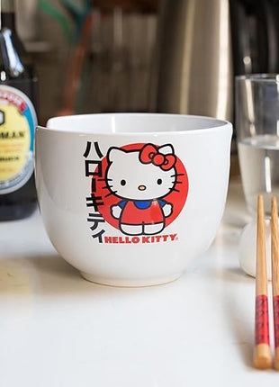 Silver Buffalo Sanrio Hello Kitty Japanese Ceramic Ramen Noodle Rice Bowl with Chopsticks, Microwave Safe, 20 Ounces