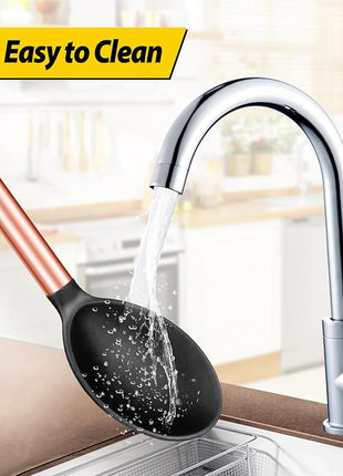 Pack of 2 Large Silicone Cooking Spoons,Non Stick Solid Basting Spoon,Heat-Resistant Kitchen Utensils for Mixing,Serving,Draining,Stirring (ROSE GOLD BLACK)