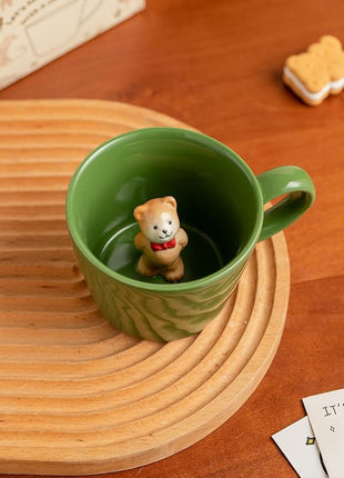 DIHOclub Bow Tie Bear Coffee Cup Hidden Ceramic Animal Inside Mug,Cute Cartoon Handmade Figurine Mugs,Holiday and Birthday Gift for Coffee Milk Tea Lovers,12 Oz(Green)