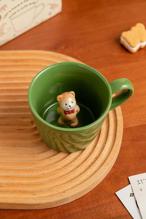 DIHOclub Bow Tie Bear Coffee Cup Hidden Ceramic Animal Inside Mug,Cute Cartoon Handmade Figurine Mugs,Holiday and Birthday Gift for Coffee Milk Tea Lovers,12 Oz(Green)