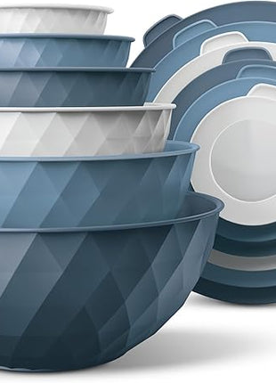 COOK WITH COLOR Mixing Bowls with Lids - 12 Piece Plastic Nesting Bowls Set includes 6 Prep Bowls and 6 Lids, Diamond Design - Microwave Safe, Denim