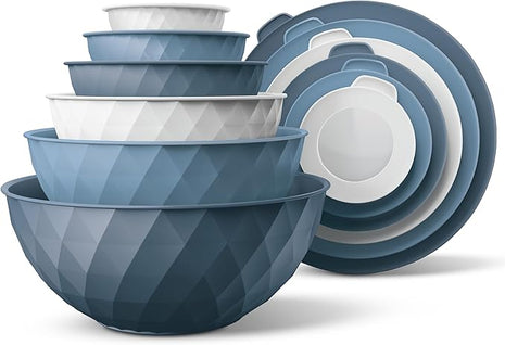 COOK WITH COLOR Mixing Bowls with Lids - 12 Piece Plastic Nesting Bowls Set includes 6 Prep Bowls and 6 Lids, Diamond Design - Microwave Safe, Denim