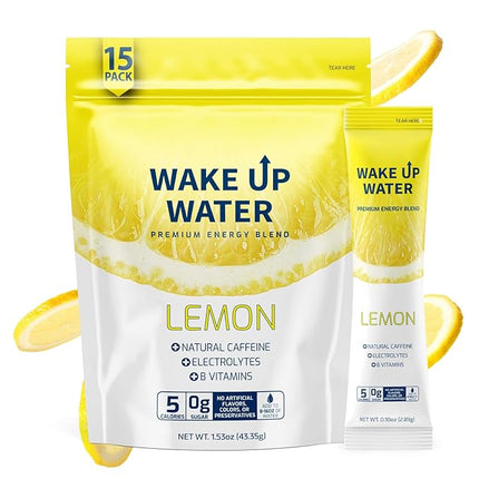 Wake Up Water Energy Drink Mix, Sugar Free Clean Energy Powder with Electrolytes & B Vitamins, Natural Caffeine for Focus & Hydration (15 Pack) - Lemon