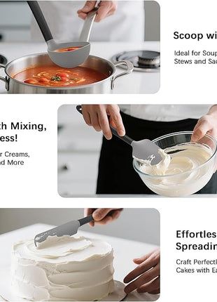 Coukre Silicone Kitchen Cooking Utensils Set with Holder – Heat-Resistant, Food-Grade Kitchen Tools, Spatula, Spoon & Gadgets for Non-Stick Pans, Dishwasher Safe (14, Gray)