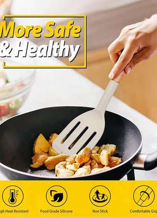 Pack of 2 Silicone Cooking Spatula, Heat Resistant Solid Turner, Non Stick Slotted Spatulas with Wooden Short Handle,Ideal Wood Kitchen Utensils Set for Frying, Baking, Flipping, Turning