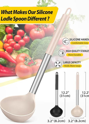 Pack of 2 Ladle Spoon,Silicone Large Spoon for Soup,Non Stick Kitchen Utensils with High Heat Resistant,BPA Free Perfect Kitchen Tools for Cooking, Stirring,Serving Soups (BLACK-KHAKI)