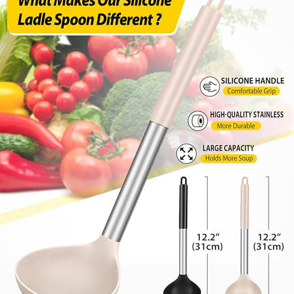 Pack of 2 Ladle Spoon,Silicone Large Spoon for Soup,Non Stick Kitchen Utensils with High Heat Resistant,BPA Free Perfect Kitchen Tools for Cooking, Stirring,Serving Soups (BLACK-KHAKI)