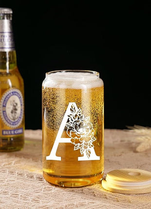 Coolife Initial Glass Cup, Monogrammed Gifts for Women, 16 oz Glass Cups w/Lids Straws, Iced Coffee Smoothie Beer Tumbler w/Straw Lid - Personalized Christmas, Birthday Gifts for Her Mom Friend Woman