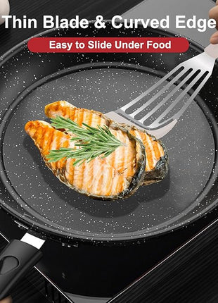 Beijiyi Silicone Fish Spatula Set, 2-Piece Heat Resistant Fish Turner Spatula for Non Stick Frying Pan, Flexible Kitchen Cooking Utensils, Slotted Egg Flipper, Large 12.3 In, Small 10.6 In, Khaki