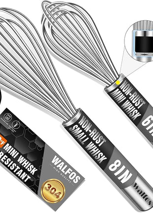 Walfos Mini Whisk,6+8 in Small Whisk,304 Stainless steel Whisks Heat Resistant 600°F,Nice for mixing salad dressings or beating an egg.Tiny whisk size great for narrow and shallow vessels.Silver
