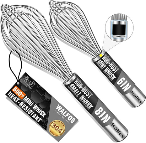 Walfos Mini Whisk,6+8 in Small Whisk,304 Stainless steel Whisks Heat Resistant 600°F,Nice for mixing salad dressings or beating an egg.Tiny whisk size great for narrow and shallow vessels.Silver