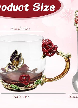 Enamels Butterfly Flower Tea Cup, Glass Coffee Mugs with Spoon, Gifts for Birthday Valentines Mothers Day Graduation Christmas, Presents for Women Wife Mom Her Grandma Girls Teacher Friends