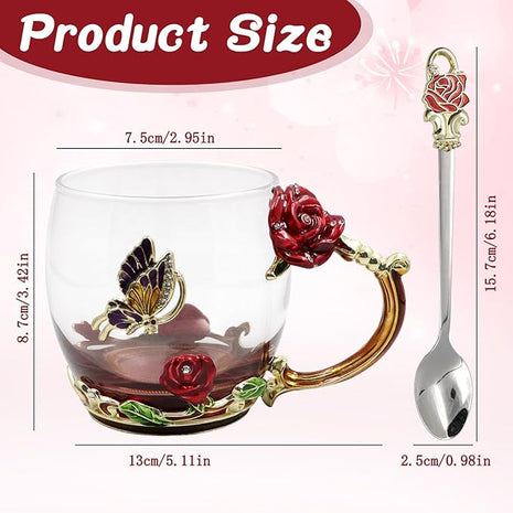 Enamels Butterfly Flower Tea Cup, Glass Coffee Mugs with Spoon, Gifts for Birthday Valentines Mothers Day Graduation Christmas, Presents for Women Wife Mom Her Grandma Girls Teacher Friends