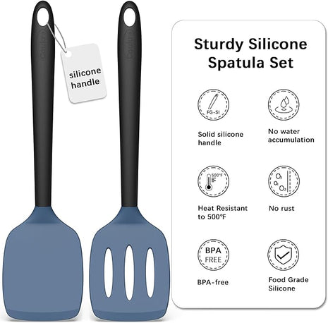 Coukre 2 Pack Silicone Spatula Set, High Heat Resistant, BPA Free Kitchen Spatula, Solid & Slotted Turner for Non-Stick Pans, Sautéing, and Flipping (2, DarkBlue)