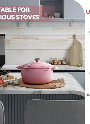 Miereirl 6 Quart Enameled Dutch Oven Pot with Lid, Cast Iron Dutch Oven with Dual Handles for Bread Baking, Cooking, Non-stick Enamel Coated Cookware, Pink